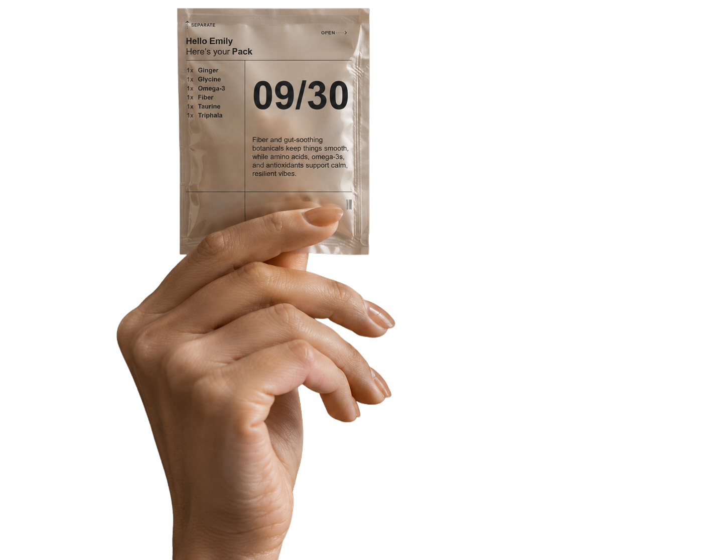 Hand holding a personalized Perfect Packs daily supplement sachet